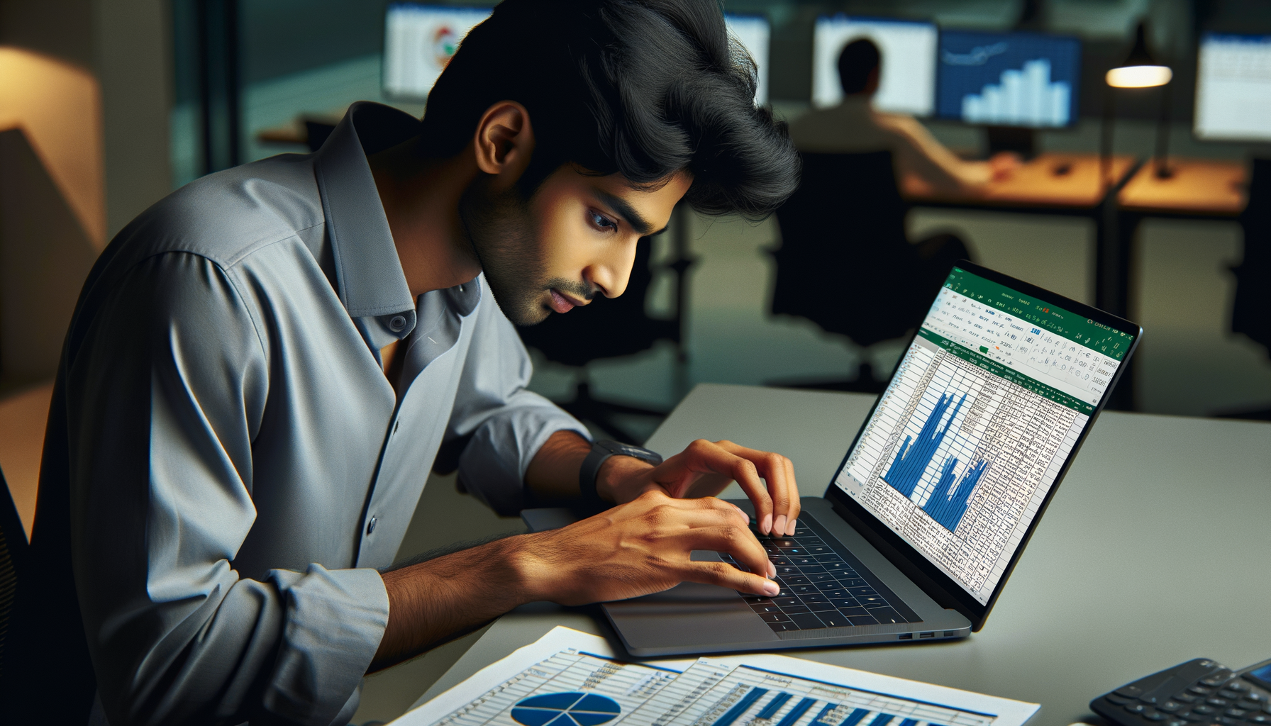 A business analyst working in Excel, creating charts and pivot tables from large datasets on a laptop.