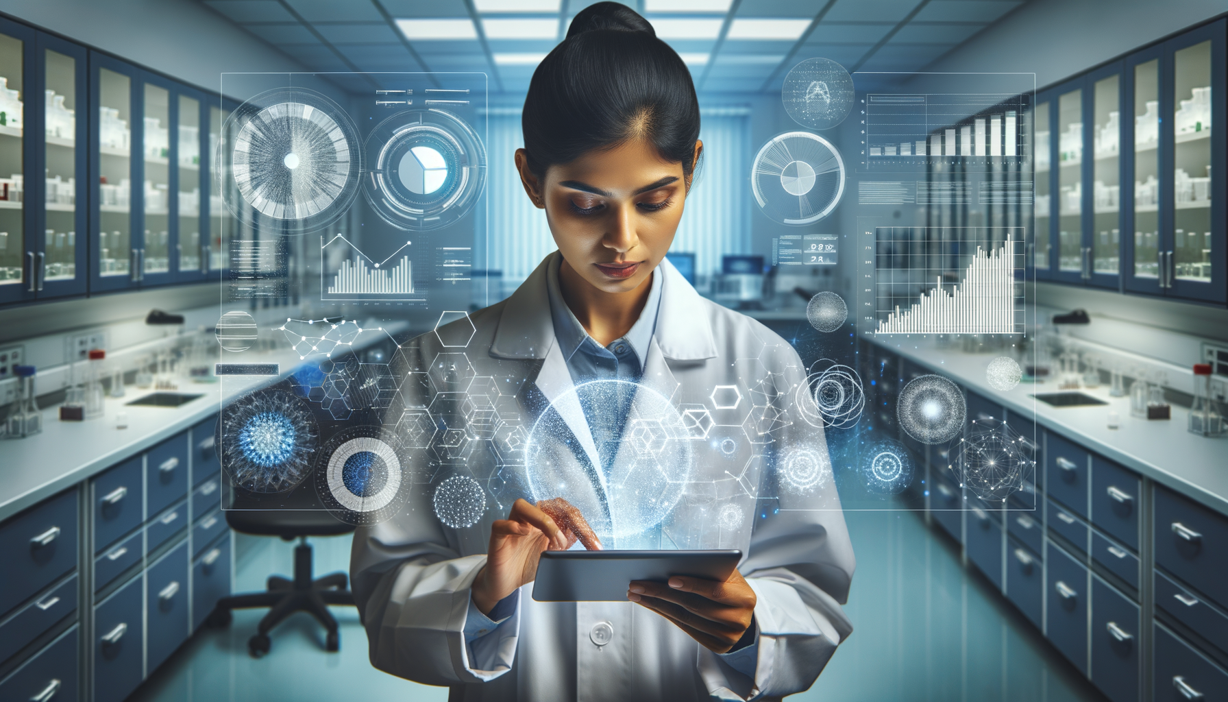 A scientist in a lab coat analyzing data on a tablet with visual representations of data insights around her