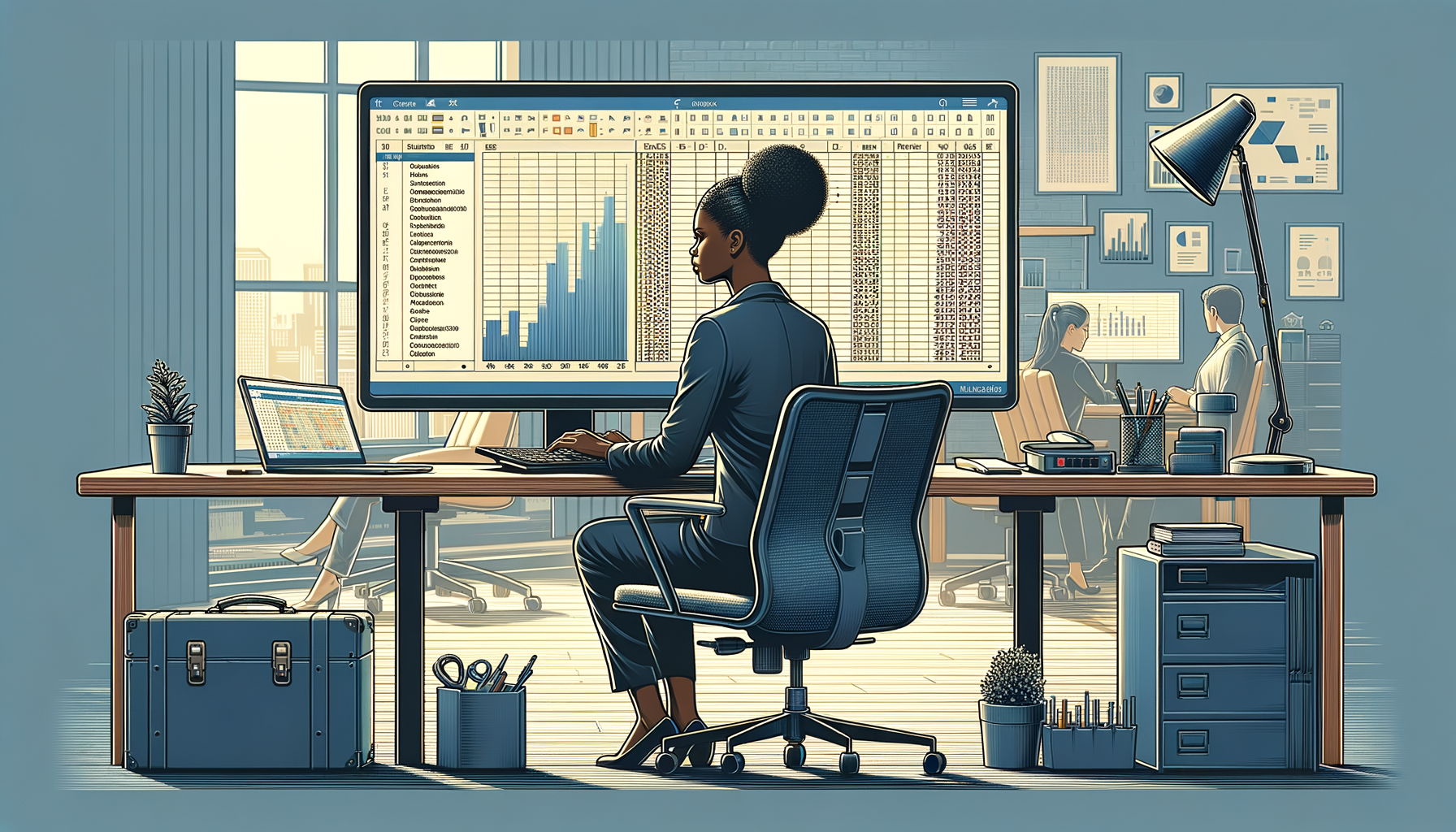 An office environment with a person analyzing spreadsheets, optimizing data entries to remove duplicates and improve data quality.